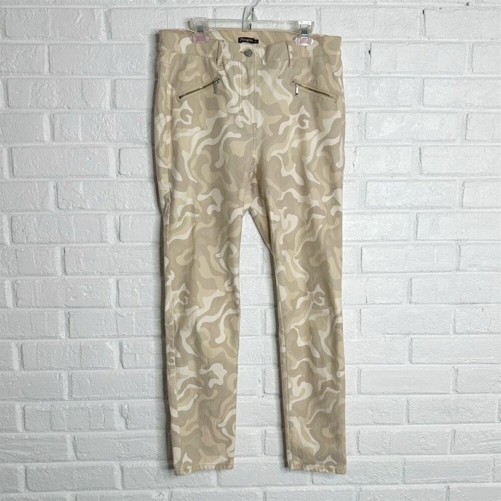 J McLaughlin Baxter Tan Camo Mid Rise Slim Fit Moto Jeans Zipper size 8